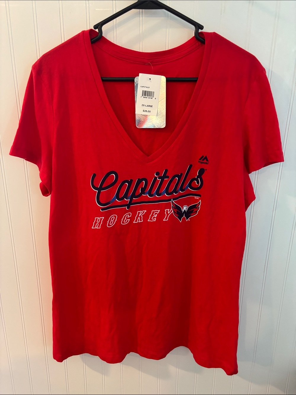 Majestic Red Capitals V-Neck Hockey Tee with Navy & White Detail